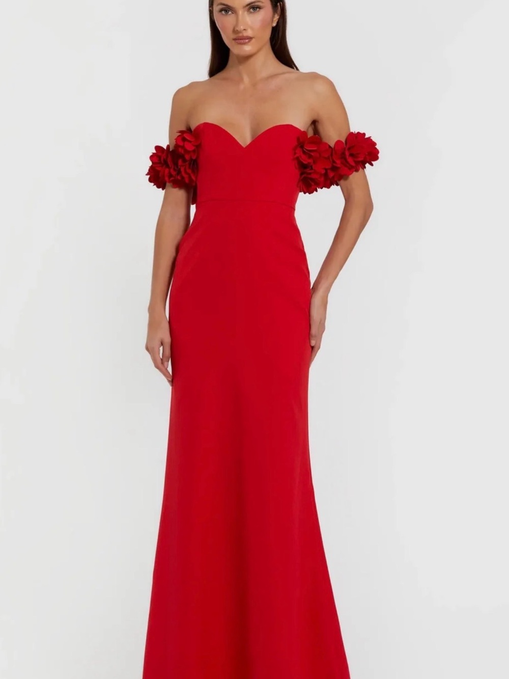Ieena for Mac Duggal Red Crepe Off The Shoulder Gown With 3D Flowers